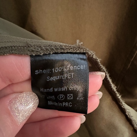 Anthropologie Olive Green Sequin Patch Army Button Down Shirt - Picture 10 of 10